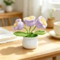 Handmade crochet potted flower arrangement with purple tulips in a white ceramic pot - 3-Head Lily of the Valley Pot / Purple