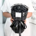 Elegant black soap rose bouquet with tweed wrapping, pearl decor and romantic ribbon gift. - Black Beauty