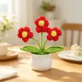Hand-crocheted red woolen flower pot in white ceramic vase for home desk decoration - 3-Head Puff Flower Potted Plant / Red