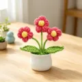 Hand-knitted pink flower potted plant with white ceramic pot on desk - 3-Head Puff Flower / Rose Gold