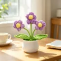 Handmade purple crochet flower pot decoration for desk ornament and teacher gifts - 3-Head Puff Flower / Purple