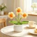 Handmade crochet sunflower in a white ceramic pot for home decoration - 3-Head Puff Flower / Yellow
