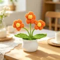 Handmade orange crochet flower potted plant decoration for home and office tables - 3-Head Puff Flower / Orange