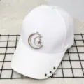 White baseball cap featuring silver moon star pendant and metal rings. Casual hat. - Adjustable / Moon Three-Ring White