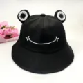 Cute black frog bucket hat with embroidered smile and plush eyes, spring summer sun hat streetwear. - Adult 56-58cm / Black