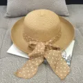 Wide brim straw sun hat with brown polka dot bow ribbon for beach vacations - M (56-58cm) / Hemp Bow Ribbon Khaki