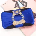 Royal blue pleated evening clutch bag with ornate blue rhinestone hardware decoration - Blue
