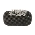 Elegant black evening clutch bag featuring a crystal leaf clasp and rhinestone studding - Black