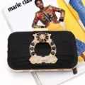 Elegant handmade black pleated evening clutch bag with large ornate rhinestone buckle - Black