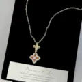 Close-up of vintage French style gold necklace with colorful four-leaf flower pendant - Four-leaf Flower Necklace (R1803)