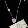 Elegant silver-toned necklace featuring pink and white zirconia flower-shaped pendants - Pink Zirconia Four Leaf Flower Necklace (R1283)