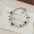 Handmade natural stone beaded bracelet with white freshwater pearls and blue stones. - Blue Bracelet (R5488) / Blue