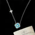 Elegant silver clavicle chain featuring a vibrant blue zircon four-leaf flower pendant charm - Blue Zirconia Four Leaf Flower Necklace (R5152)