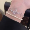 Élégant ensemble de bracelets papillon en cristal rose et perles pour femmes style français - Bracelet Papillon Rose (Une Pièce)