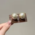 Elegant large champagne sphere stud earrings with a vintage textured cotton pearl finish - Cotton Pearl Stud Earrings (R0104) / 20mm