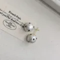Vintage French style large white pearls with black polka dots stud earrings for women - Polka Dot Cotton Pearl Studs (R0571) / 12mm