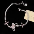 Elegante pulsera de mariposa de circón con cristales rosas de corte flor de hielo - Estilo Mariposa Rosa (R1721) / Rosa
