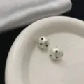 Vintage French style white cotton pearl stud earrings with elegant black polka dots - Half Round Polka Dot Cotton Pearl Studs (R0871) / 16mm