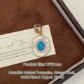 Exquisite vintage oval pendant featuring natural turquoise and mother of pearl in gold - Pendant Only (Without Chain) / 16x21mm