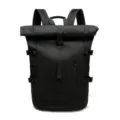 Minimalist black roll-top business laptop backpack with adjustable buckle straps and large capacity - Black