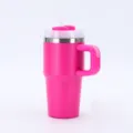 Side view of a bright pink 20oz insulated tumbler with handle and clear straw. - 20oz / Rose Red