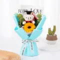 Sonnenblume Bär Blumenstrauß als Abschlussgeschenk mit blauem Papier und Dekoband für Party. - Ohne Beutel / Weißer Doktor Bär Blaues Papier