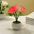 LED artificial rose flower ceramic table light cozy nightlamp for bedroom decoration - Red