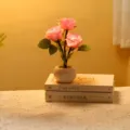 Simulation rose flower ceramic table lamp LED night light romantic bedroom decorative gift - Touch Switch Button Cell / Pink