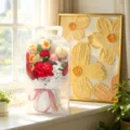 Handmade crochet flower bouquet detail, exquisite knitted roses and lilies in clear gift box. - Red Lily of the Valley Rose with Gift Box