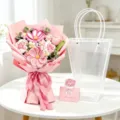 Handmade crochet pink flower bouquet set with a clear gift bag and greeting card - Pink Galsang Flower & Rose Bouquet / Trapezoid Bag