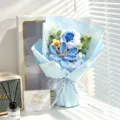 Close-up of handmade crochet flower bouquet with blue roses and Best Wishes card - Blue (With White Gift Box)