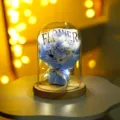 Luz nocturna de rosa con cúpula de vidrio LED, regalo de flor de jabón artificial cumpleaños - Cúpula de vidrio con base de madera en bruto / BL 5 rosas azul hielo picado A (papel azul)
