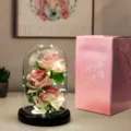 Dettaglio di tre rose di velluto rosa in cupola di vetro con luci LED e borsa regalo - Tre Rose Angolari / Cupola in Acrilico Grande / Rosa
