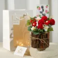 Handmade crochet flower potted plant with wooden pot and gift bag for home decor gift. - Wooden Bucket with 5 Strawberries - No Worries