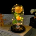LED rose glass dome night light with cute teddy bear base, romantic Valentine gift decor. - Love Bear - 2 Roses - Champagne