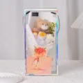 Teddy bear crochet flower bouquet in holographic gift box for Valentine's - Knitted Rose + Teddy Bear + Gift Box + Card / Yellow