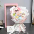Ramo de flores de cerámica rosa con caja de regalo de oso para San Valentín cumpleaños - Ramo Y Caja De Regalo / Caja con Ventana 11 Flores de Cerámica + Oso ~ Rosa
