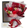 Detailed view of the red soap rose bouquet with a gift box and Best Wishes card. - Black Gift Box Hydrangeas and Manta Red Flowers / Bouquet and Gift Box (No Bag Included)