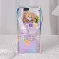 Handmade knitted yarn flower bouquet with tan plush teddy bear in holographic gift box - Knitted Rose + Teddy Bear + Gift Box + Card / Purple