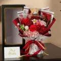 Elegant soap rose bouquet with teddy bear and premium gift box for Valentine's Day. - Bouquet + Gift Box (Without Bag) / Black Gift Box - Hydrangea & Manta - Red Flower - Bear