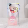 Handmade pink teddy bear and knitted wool flower bouquet in a transparent gift box - Knitted Rose + Teddy Bear + Gift Box + Card / Rose Gold