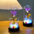 Rosa eterna viola in cupola di vetro con luce LED e base Bluetooth nera per regali - Versione Altoparlante Bluetooth / Rosa Rosa