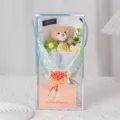 Handmade crochet flower bouquet with plush teddy bear in transparent gift box - Knitted Rose + Teddy Bear + Gift Box + Card / Light Green
