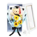 Graduation plush bear sunflower soap flower gift box bouquet with greeting card for present. - Blue