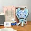 Gift set with 7 blue soap roses, a cute bear plush in a pink gift box with bag - Broken Ice Blue