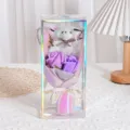 Close-up of artificial purple soap roses and a plush teddy bear in a transparent gift box - Teddy Bear Rose Bouquet Gift Box / Purple