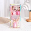 Pink soap rose bouquet with teddy bear in iridescent gift box for Valentine's Day. - Teddy Bear Rose Bouquet Gift Box / Pink