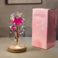 Rosa d'oro artificiale in cupola di vetro con luci LED e scatola regalo - Confezione Regalo Rosa Base in Legno / Floreale Rosa