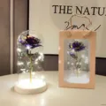 Galaxy gold foil artificial rose flower in glass dome with led lights and gift bag decor. - White Base Gold Foil Purple Flower Glass Cover