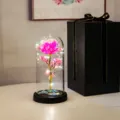 Vue détaillée d'une rose éternelle sous cloche avec lumières LED et coffret cadeau - Coffret Noir (Avec Rose à LED 3 Feuilles) / Motif Floral Rose